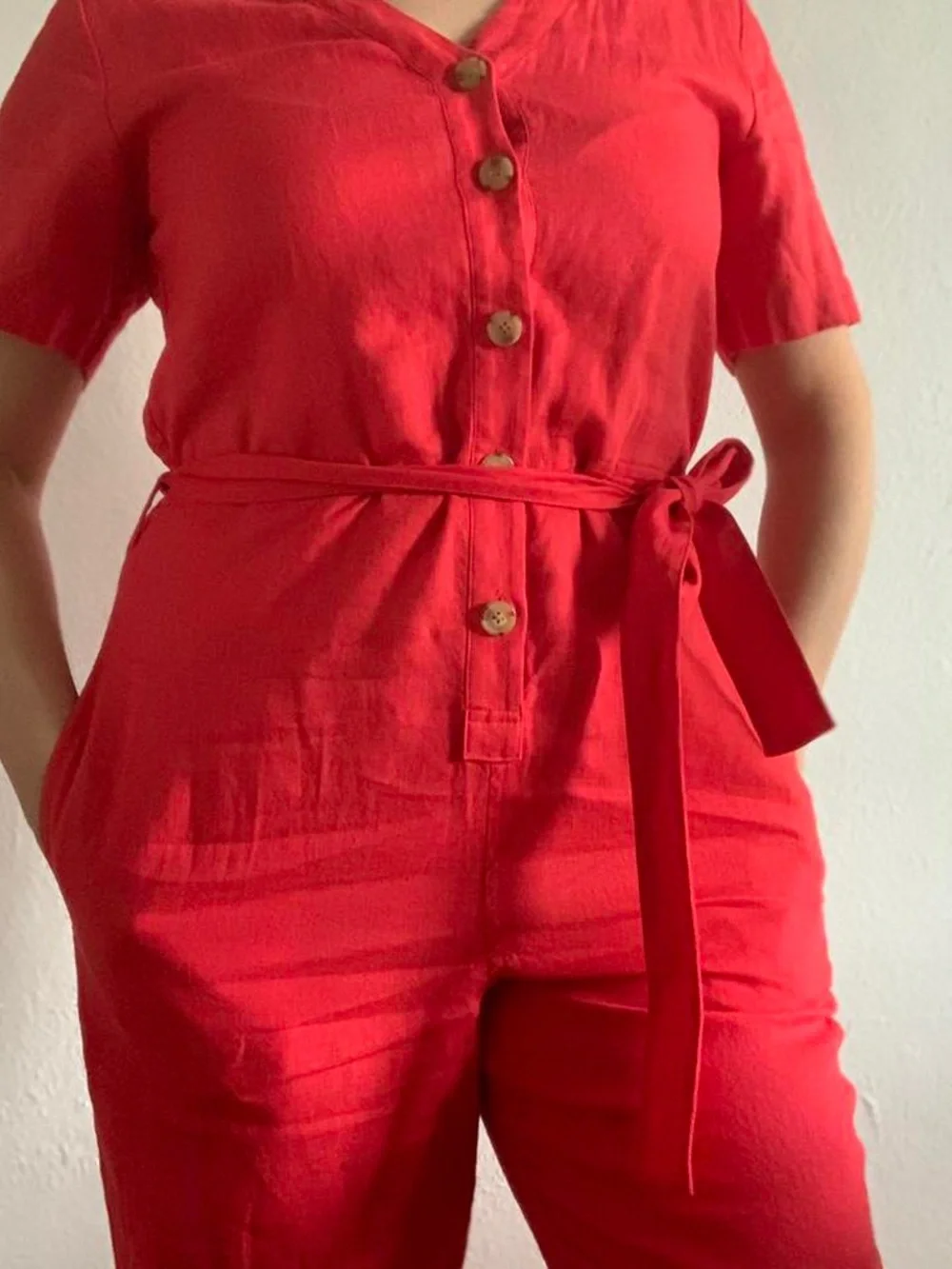 Everlane Red Short-Sleeve Belted Jumpsuit